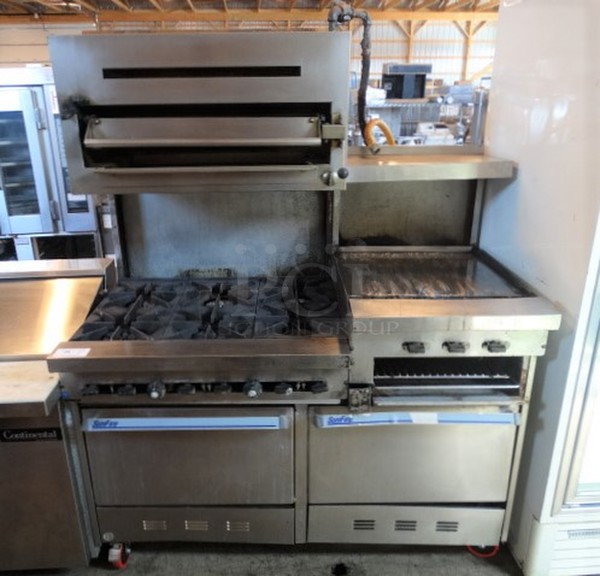 AMAZING! Garland Sunfire Stainless Steel Commercial Gas Powered 6 Burner Range w/ Right Side Flat Top Griddle, Cheese Melter and 2 Lower Ovens on Commercial Casters. 60x32x76