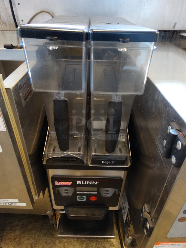 GREAT! 2012 Bunn Model MHG Stainless Steel Commercial Countertop Coffee Bean Grinder w/ 2 Storage Containers. 120 Volts, 1 Phase. 9x17x30. Tested and Working!