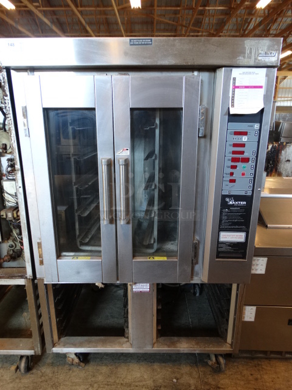 STUNNING! Baxter Model SV300G Stainless Steel Commercial Natural Gas Powered Mini Rack Rotating Oven w/ Lower Pan Rack on Commercial Casters. 95,000 BTU. 48x35x75