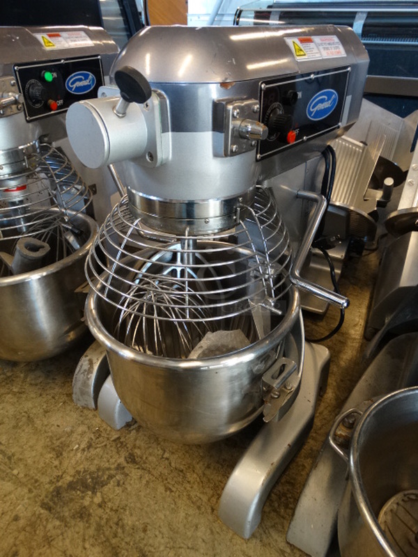SWEET! 2016 General Model GEM120 Metal Commercial 20 Quart Planetary Mixer w/ Stainless Steel Mixing Bowl, Bowl Guard, Dough Hook, Mixing Paddle and Whisk Attachments. 110 Volts, 1 Phase. 17x21x30. Cannot Test Due To Broken Power Button
