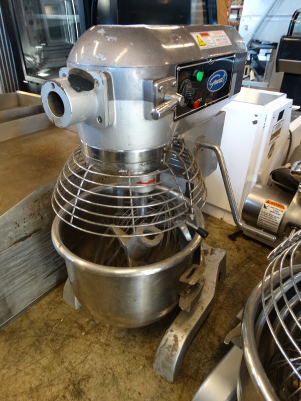 SWEET! 2015 General Model GEM120 Metal Commercial 20 Quart Planetary Mixer w/ Stainless Steel Mixing Bowl, Bowl Guard, Dough Hook, Mixing Paddle and Whisk Attachments. 110 Volts, 1 Phase. 17x21x30. Tested and Does Not Power On
