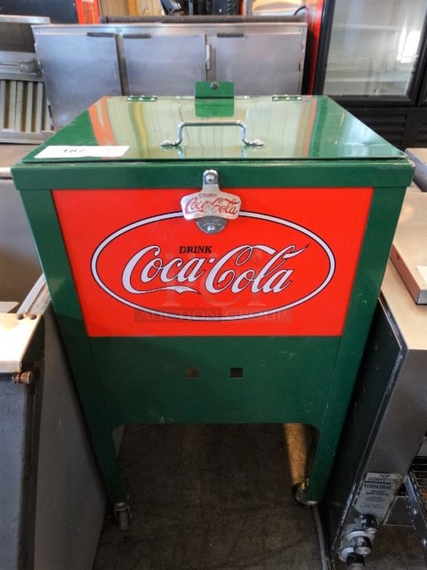 NICE! Green Metal Commercial Bin w/ Lid on Commercial Casters. 18x19x31