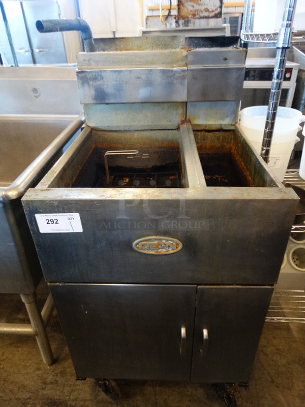 NICE! Dean Model SM50GMS Stainless Steel Commercial Natural Gas Powered 2 Bay Fryer on Commercial Casters. 24x29x47