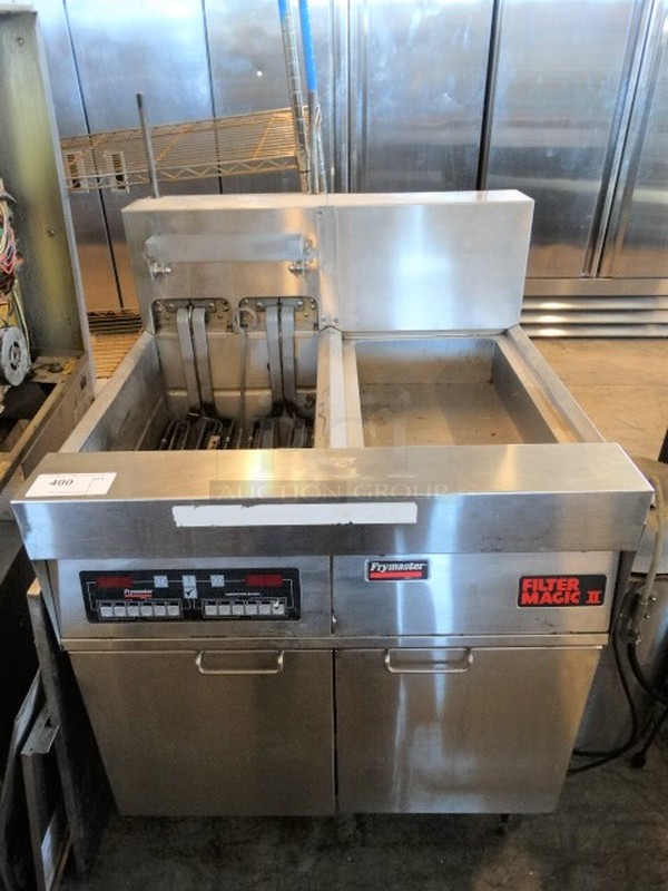 BEAUTIFUL! Frymaster Model FMH117BLCSD Stainless Steel Commercial Pasta Cooker w/ Right Side Dumping Station on Commercial Casters. 208 Volts, 3 Phase. 32x31x46