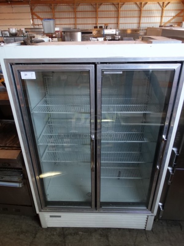 NICE! Hussmann Model HGL-2-BS Commercial 2 Door Reach In Freezer Merchandiser w/ Poly Coated Racks. 208-230 Volts, 1 Phase. 52x33x81