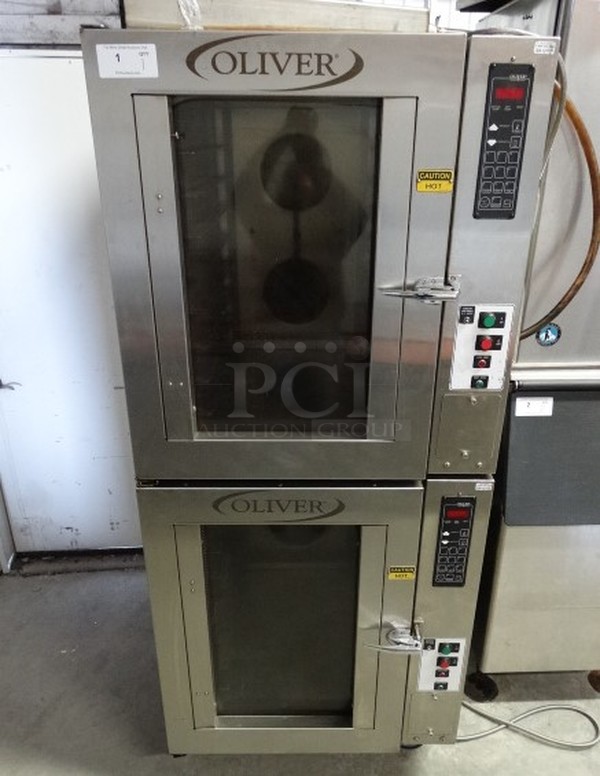 2 BEAUTIFUL! Oliver Model 690-NC2 Stainless Steel Commercial Electric Powered Convection Ovens w/ View Through Doors on Commercial Casters. 208 Volts, 3 Phase. 33x44x79. 2 Times Your Bid!