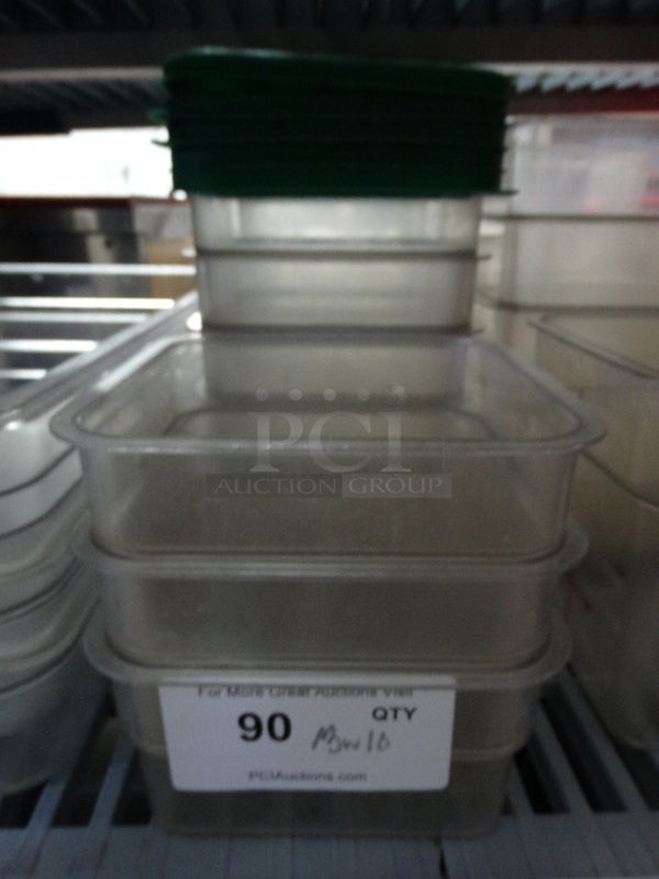 13 Poly Clear Container w/ 10 Green Lids. 7x7x4. 13 Times Your Bid!