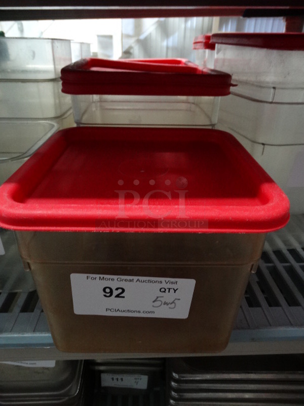 5 Poly Clear Containers w/ 5 Red Lids. 9x9x7. 5 Times Your Bid!
