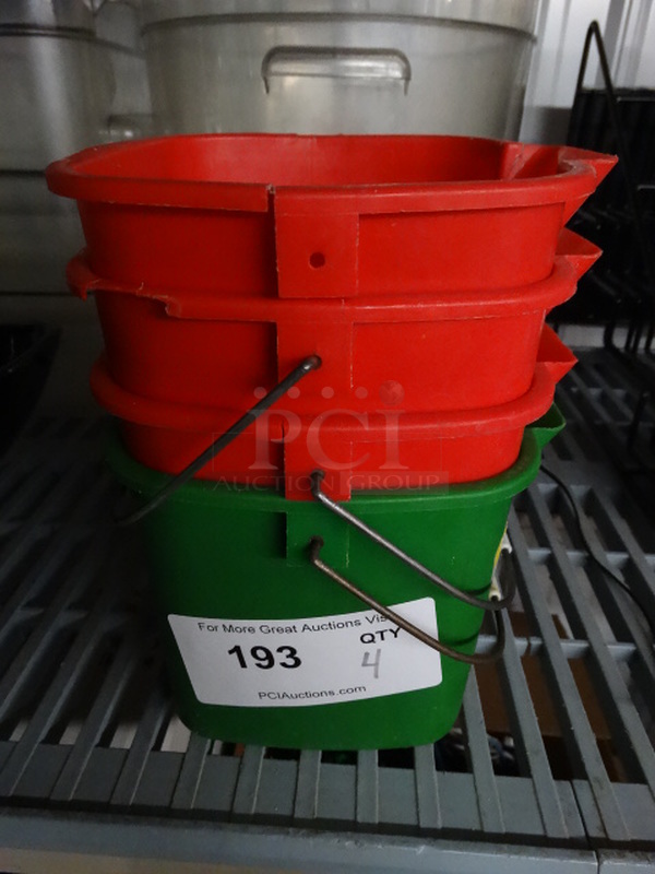 4 Poly Buckets; 3 Red and 1 Green. 7x7x6. 4 Times Your Bid!