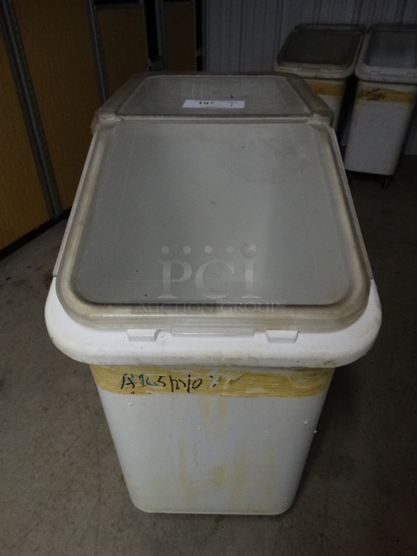 White Poly Ingredient Bin w/ Clear Lid on Casters. 15x29x28