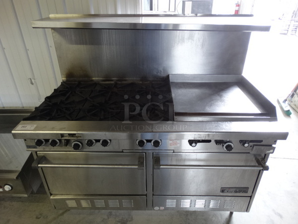 FANTASTIC! Garland Stainless Steel Commercial Gas Powered 6 Burner Range w/ Right Side Flat Top Griddle, Lower CONVECTION Oven, Lower Oven and Stainless Steel Overshelf. 60x33x58