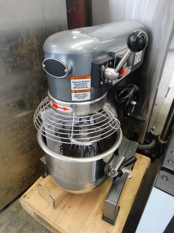 BRAND NEW! Avantco Model MX10 Commercial 10 Quart Planetary Mixer w/ Stainless Steel Mixing Bowl, Bowl Guard, Whisk and Dough Hook Attachments. 120 Volts, 1 Phase. 16x18x24. Tested and Working!