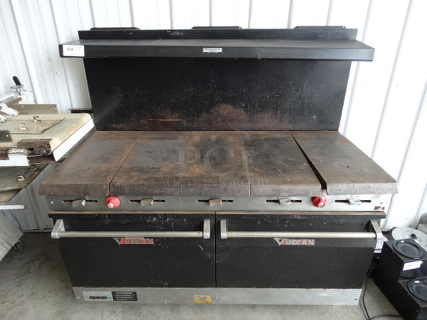 WOW! Vulcan Model 60EL77R Stainless Steel Commercial Natural Gas Powered Flat Top w/ 2 Lower Ovens and Metal Overshelf. 61x32x60