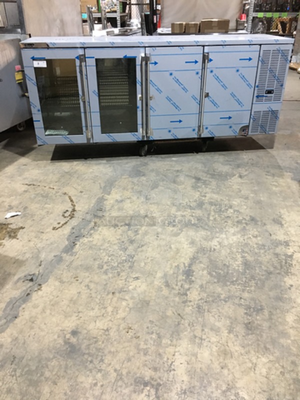 FAB! NEW OUT OF THE BOX! Perlick 4 Door Refrigerated Bar Back/Merchandiser! 2 Glass Door & 2 Solid Doors! With Poly Coated Racks & Keg System Set Up! Model BBSN92-TRM Serial 807316! On Legs! 115V 1Phase! 