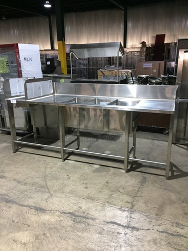 WOW! NEW! Elkay Commercial 3 Compartment Sink! With Left & Right Side Drainboards! With Enclosed Hand Sink! With Backsplash! All Stainless Steel! On Legs!