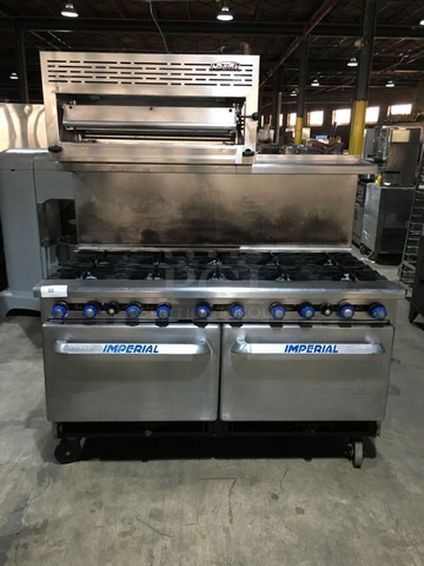 NICE! Imperial Commercial Natural Gas Powered 10 Burner Stove! With Raised Backsplash & Overhead Salamander/Cheese Melter Combo! With 2 Full Size Ovens Underneath! All Stainless Steel! On Commercial Casters!