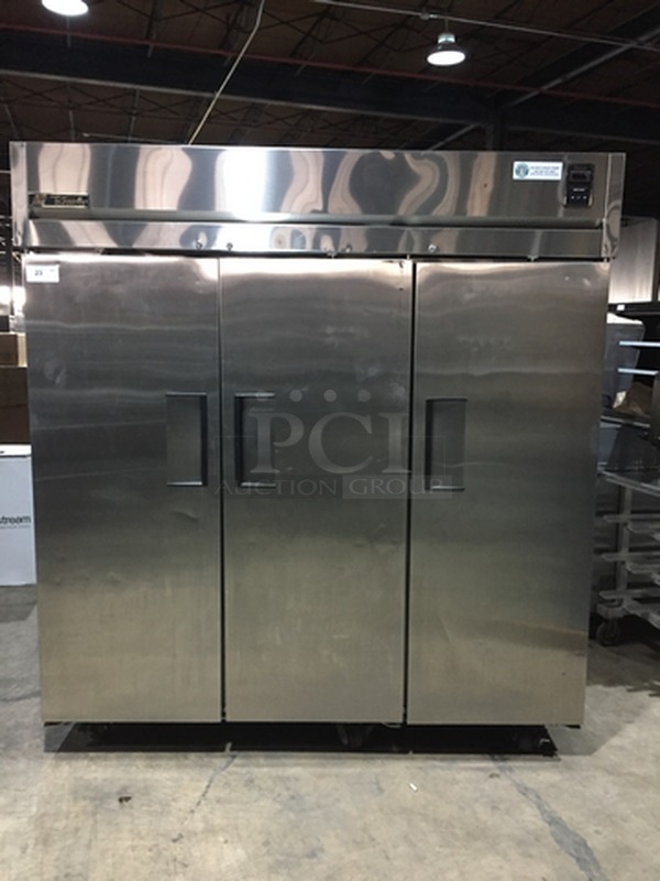 FAB! True Commercial 3 Door Reach In Refrigerator! With Poly Coated Racks! All Stainless Steel! Model TA3R3S Serial 14056613! 115V 1Phase! On Commercial Casters!