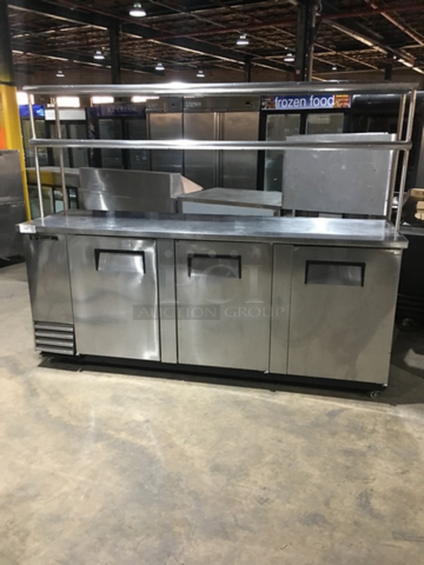 Sweet! True 3 Door Refrigerated Lowboy/Work/Prep Top! With All Stainless Steel Over Hanging Shelf! Model TBB-4S Serial 6692512! 115V 1 Phase! On Casters!  