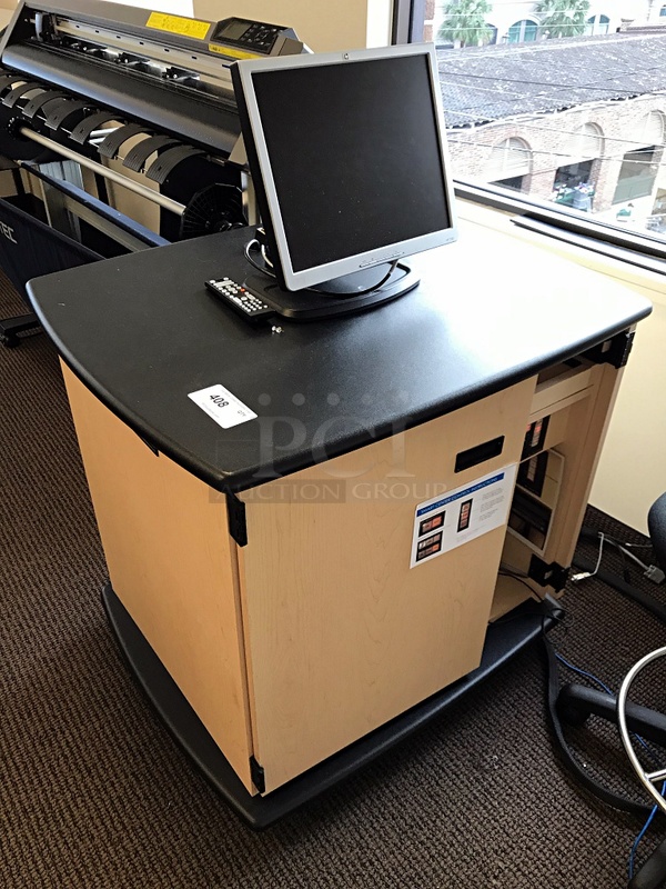 Smart Solution Presenter Podium on Casters Includes Presentation Switcher, JVC DVD & VHS Player, Built in Speakers & Herman Miller Task Chair - Image 2 of 4