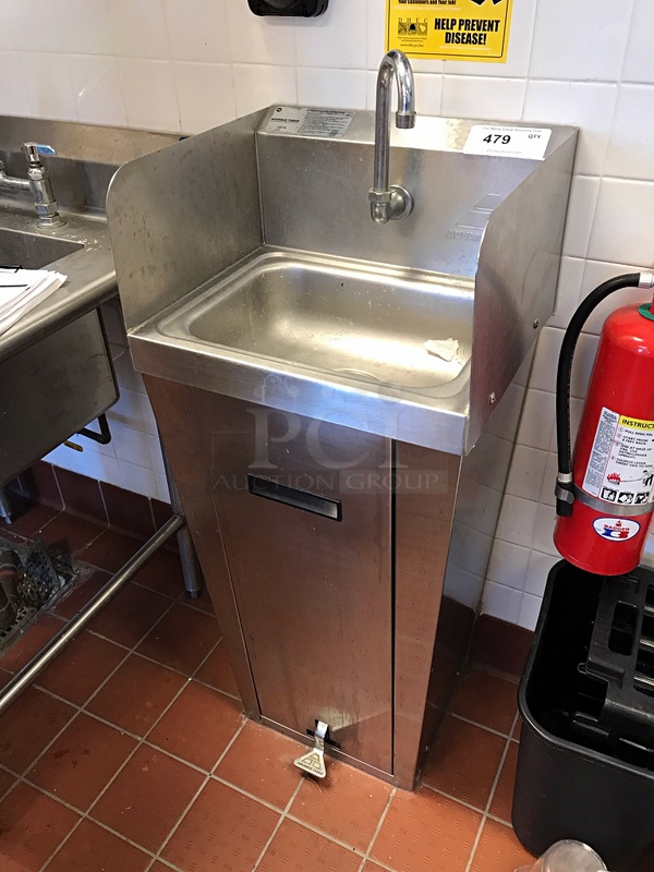 Advance Tabco Stainless Steel Floor Standing Hand Sink w/ Foot Pedal Faucet & Splash Guards - Image 1 of 3