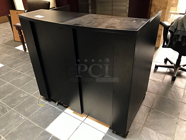 Black Wooden Greeters Station / Reception Desk w/ Three Trash Cans