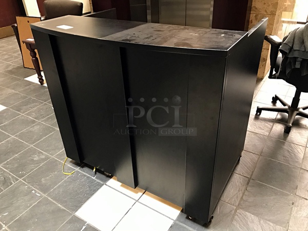 Black Wooden Greeters Station / Reception Desk w/ Three Trash Cans - Image 1 of 3
