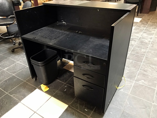 Black Wooden Greeters Station / Reception Desk w/ Three Trash Cans - Image 2 of 3