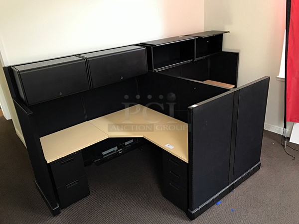Herman Miller Two Desk Cubicle System w/ Over Head Storage & Filing Cabinets