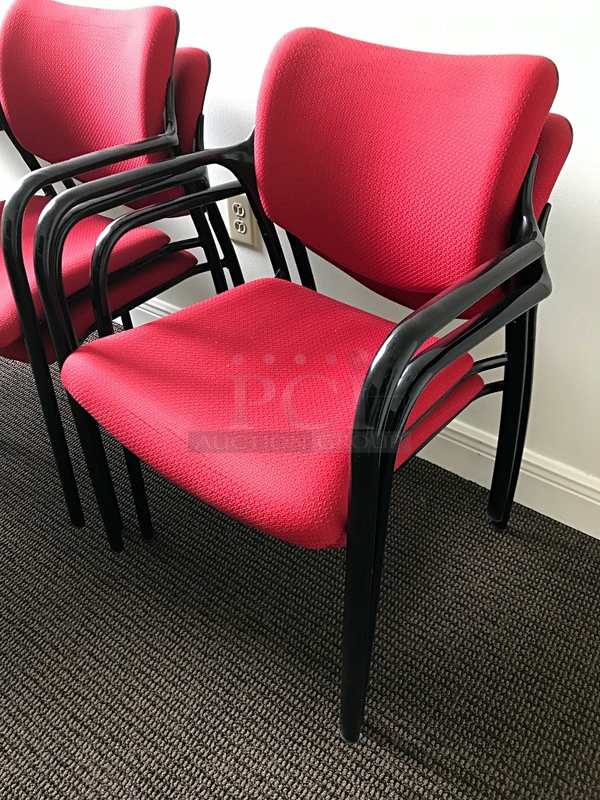 Round Meeting Table w/ Four Herman Miller Red Stackable Task Chairs - Image 2 of 3