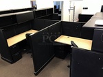 Three Herman Miller Corner Workstations w/ Over Head Storage & Task Chairs, Includes Metal Storage Cabinet, Bookshelf & Side Chair