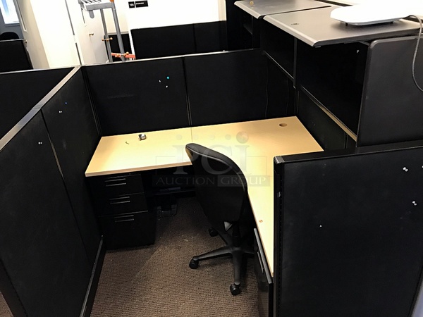 Three Herman Miller Corner Workstations w/ Over Head Storage & Task Chairs, Includes Metal Storage Cabinet, Bookshelf & Side Chair - Image 2 of 5