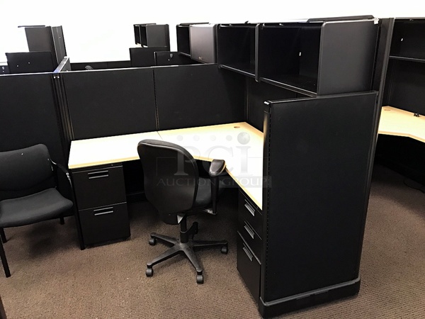 Three Herman Miller Corner Workstations w/ Over Head Storage & Task Chairs, Includes Metal Storage Cabinet, Bookshelf & Side Chair - Image 4 of 5