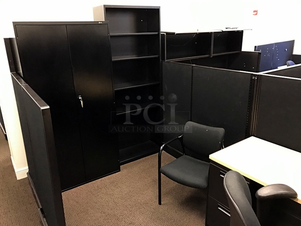 Three Herman Miller Corner Workstations w/ Over Head Storage & Task Chairs, Includes Metal Storage Cabinet, Bookshelf & Side Chair - Image 5 of 5