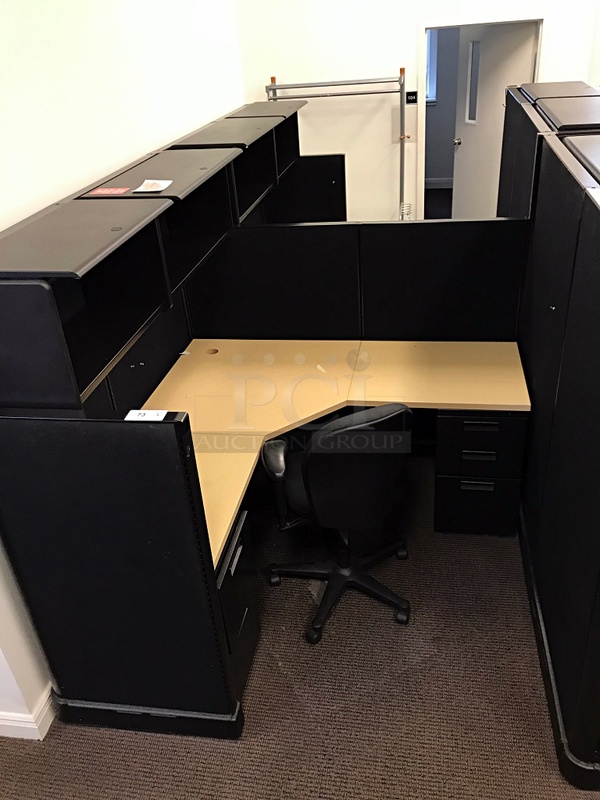 Two Herman Miller Corner Workstations w/ Over Head Storage & Task Chairs