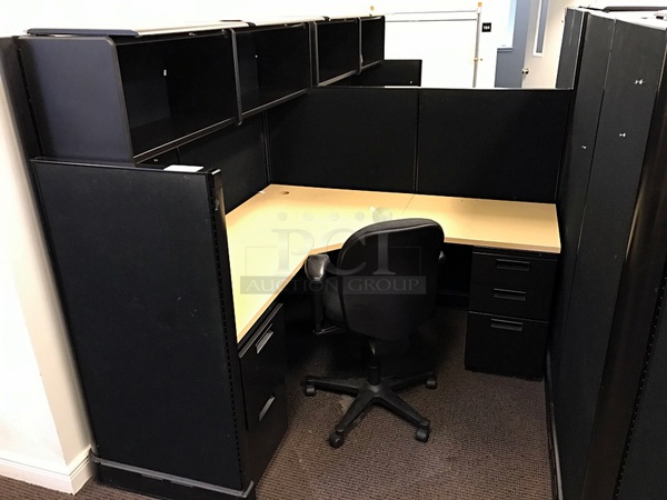 Two Herman Miller Corner Workstations w/ Over Head Storage & Task Chairs - Image 2 of 2
