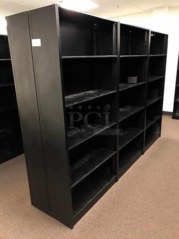 Double Sided Bank of Eight Black Metal Library Bookshelves