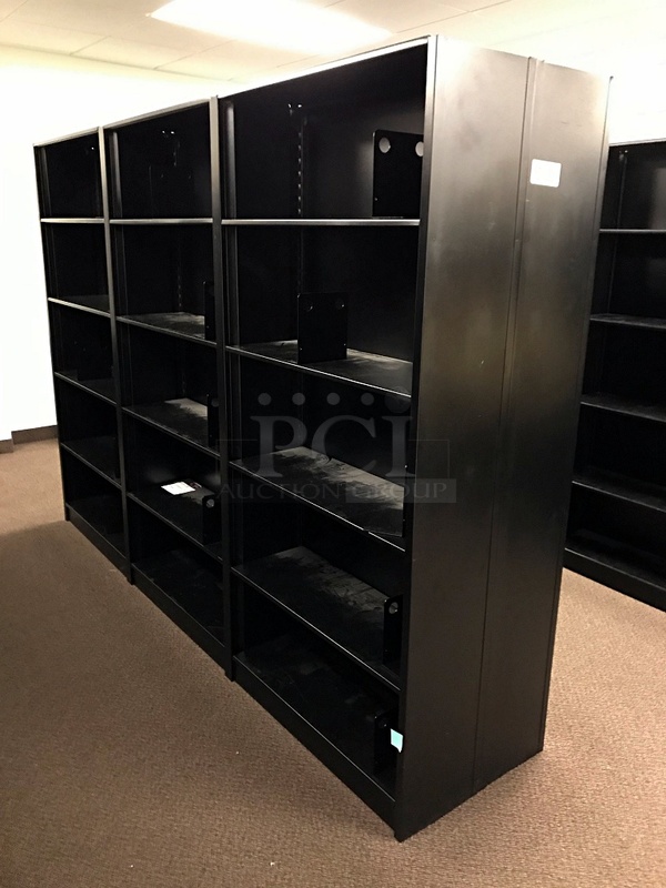 Double Sided Bank of Eight Black Metal Library Bookshelves - Image 2 of 2