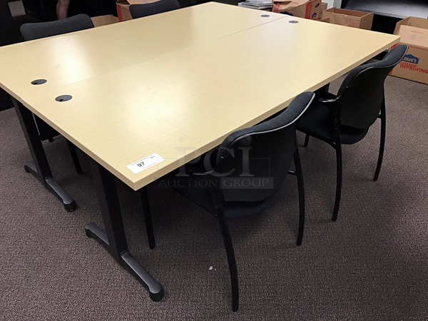 Beach Wood & Black Metal Desk w/ Two Stackable Work Chairs - Image 1 of 1