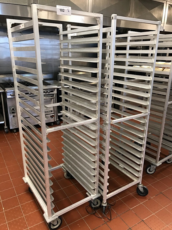LIKE NEW! One Welded One Bolted Aluminum Full Size 20 Pan Rolling Bakers Speed Racks on Casters (2x bid)