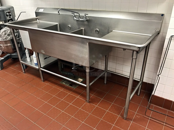 Two Compartment Stainless Steel Sink w/ Left & Right Drainboards & Faucet - Image 1 of 2