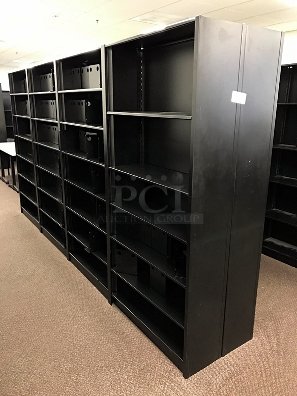 Double Sided Bank of Eight Black Metal Library Bookshelves