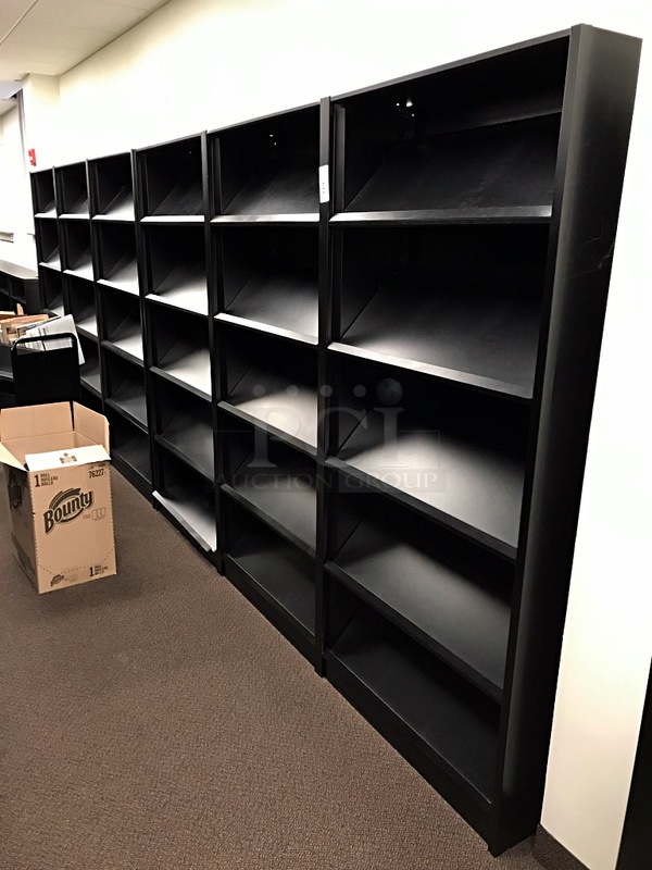 Six Black Metal Library Slanted Periodical Display Shelves
