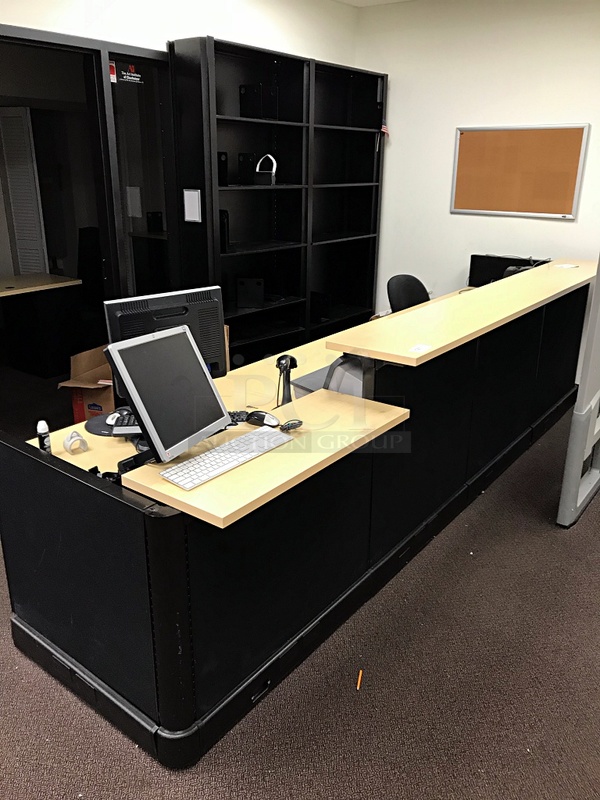 Herman Miller Library Reception Desk & Task Chair w/ Two Black Metal Bookshelves - Image 1 of 3