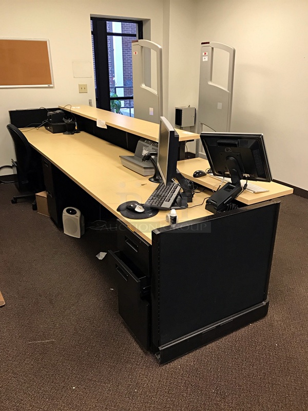Herman Miller Library Reception Desk & Task Chair w/ Two Black Metal Bookshelves - Image 2 of 3