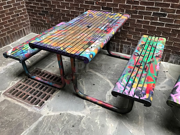 Two Colorfully Decorated Wood & Metal Picnic Tables - Image 1 of 2