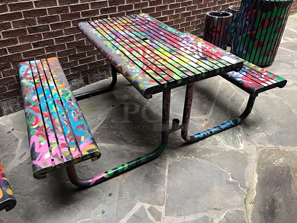Two Colorfully Decorated Wood & Metal Picnic Tables - Image 2 of 2