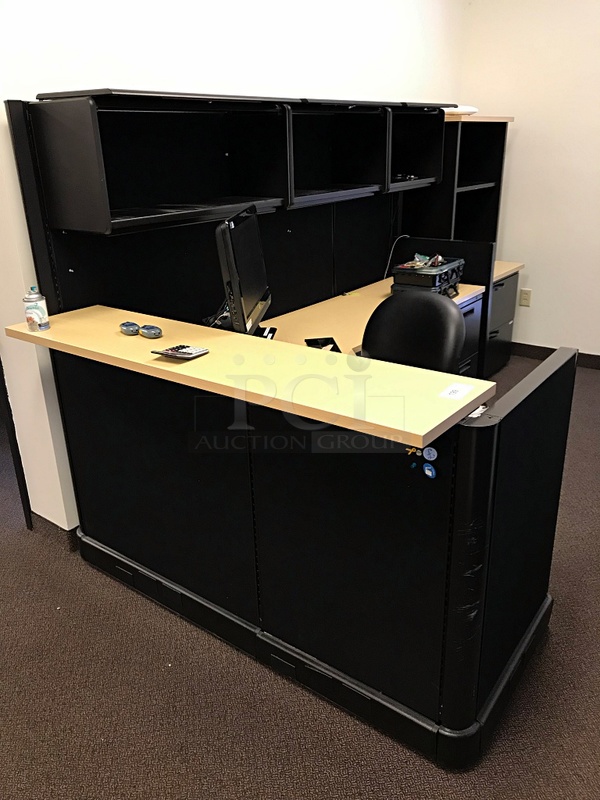 Herman Miller Reception Counter Corner Desk w/ Over Head Storage & Task Chair - Image 1 of 3