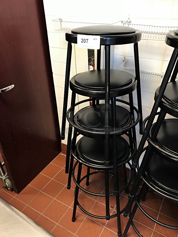 Four Black Stackable Metal Stools w/ Vinyl Padded Seat