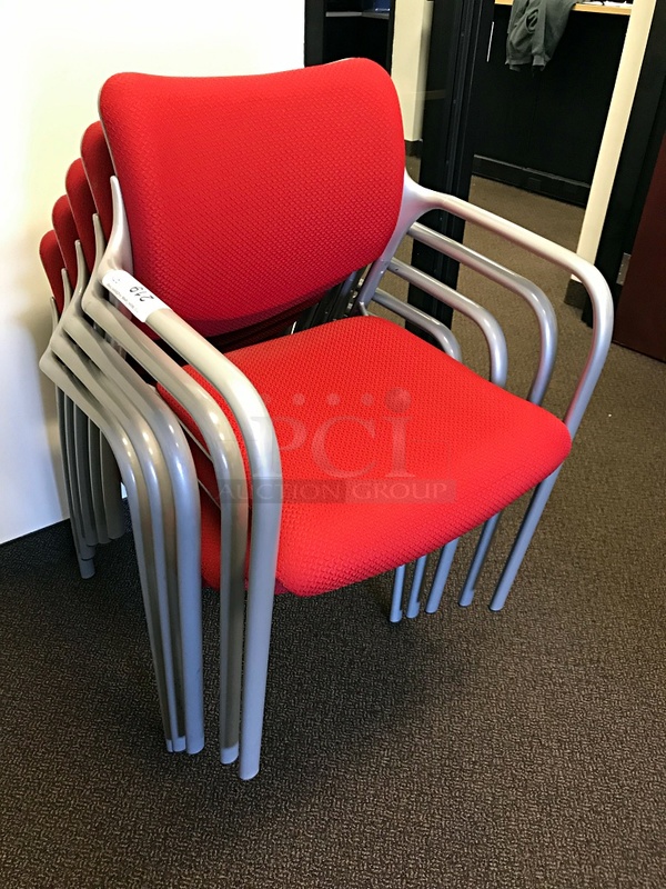 Five Stackable Red & Silver Herman Miller Side Chairs
