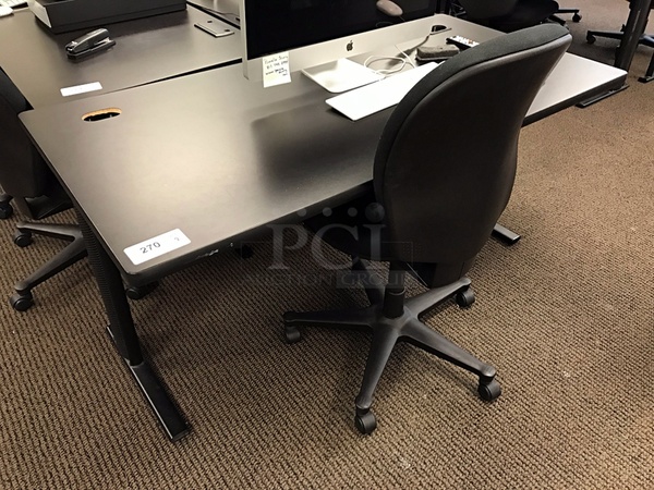 Two Black Wooden Desks w/ Black Metal Bases and One Task Chair